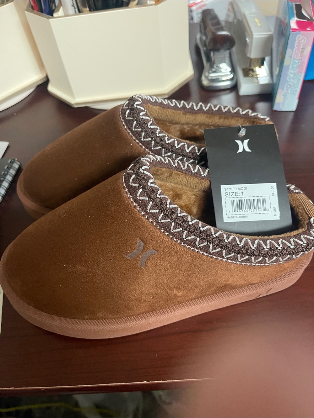 Tan chestnut Brown Suede fuzzy slip on Slipper Clogs